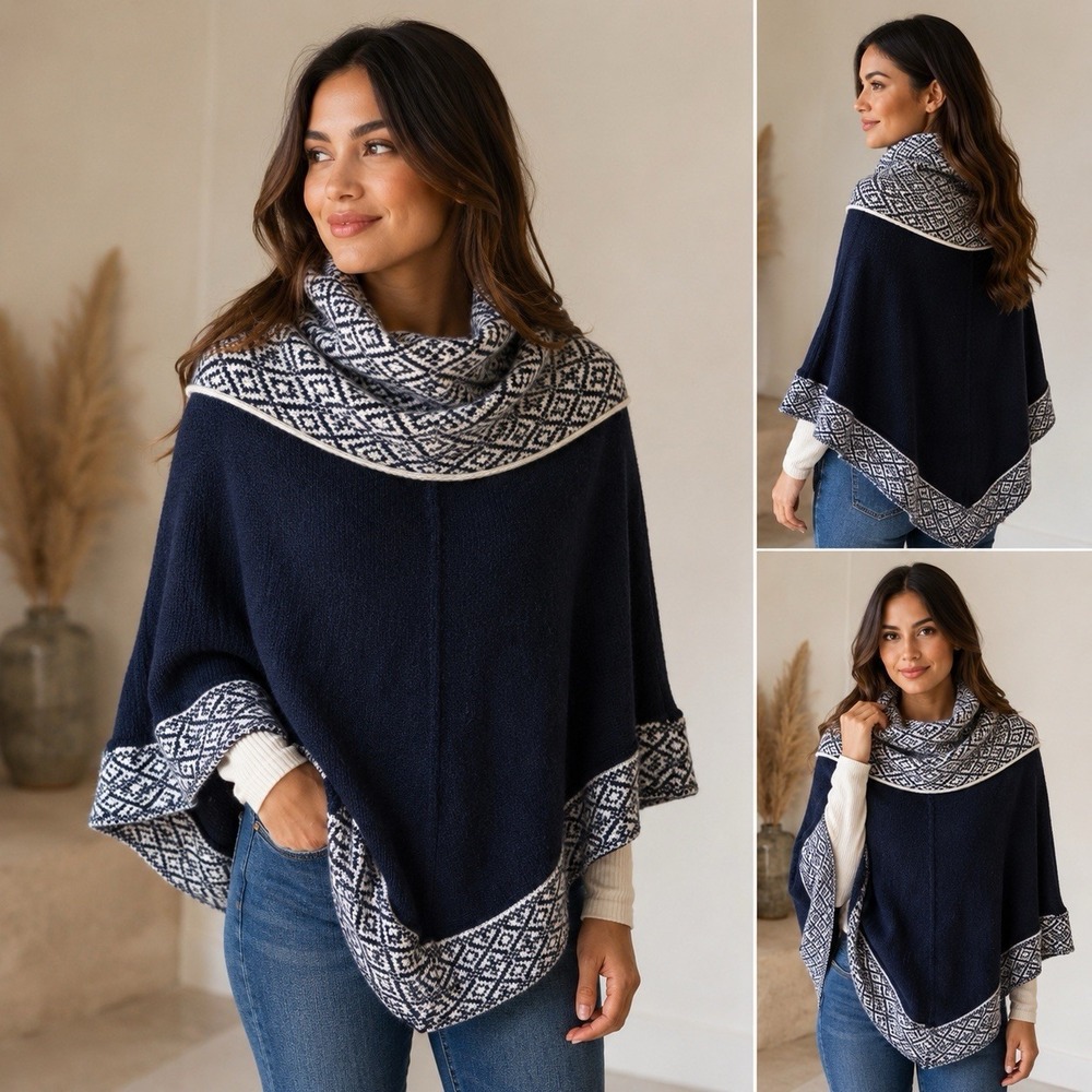 Alpaperu Peru Alpaca Wool Knit Poncho Cape Shawl Navy White Geometric OS